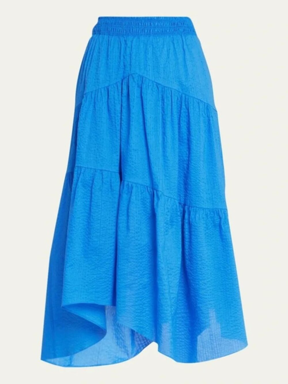 FRAME Gathered Seam Midi Skirt Blue Tiered Elastic Waist